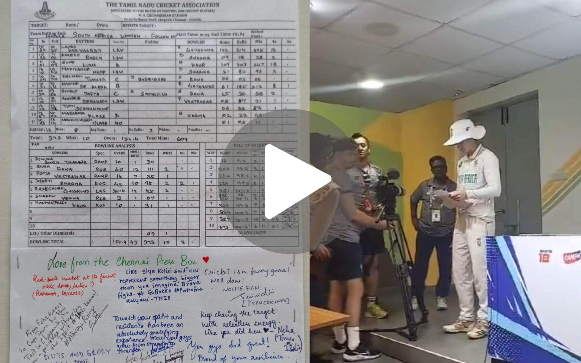 [Watch] Laura Wolvaardt Gets Signed Team Sheet From Journalists After IND-W Vs SA-W Test